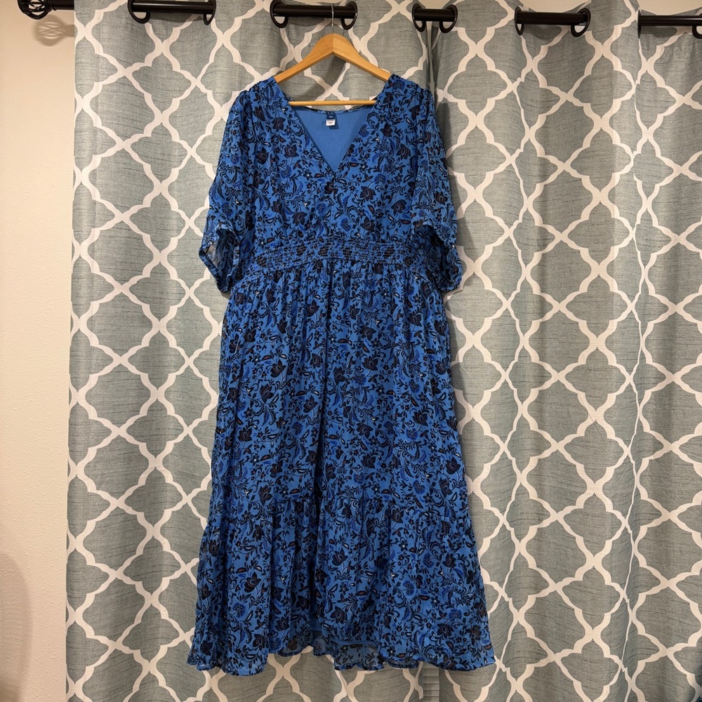 Old Navy Royal Blue Floral Dress XXL Made In India V-Neck Chiffon Midi Dress